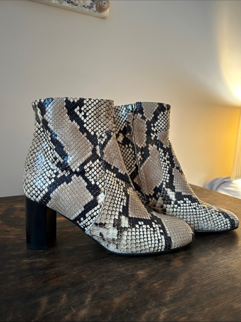 Barneys New York Beige and Black Snake-Print Ankle Boots